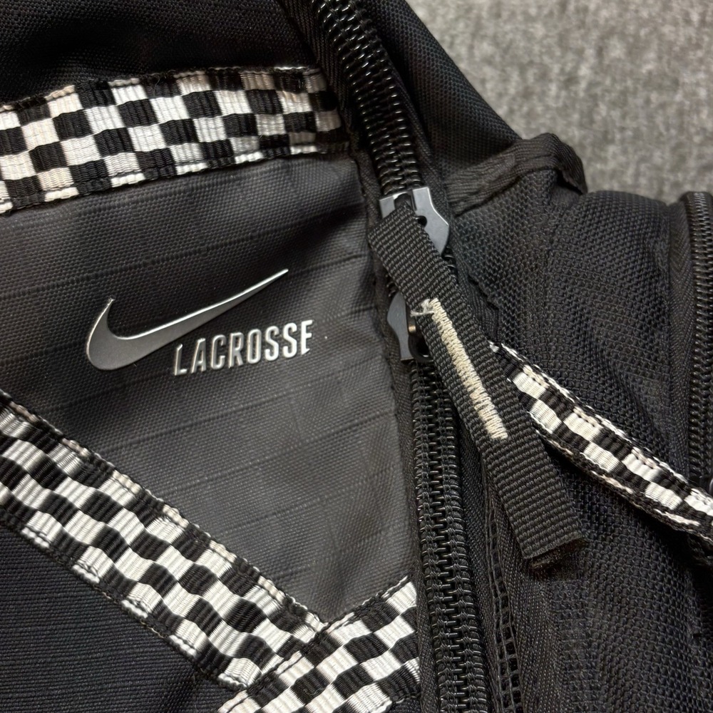 NIKE Lacrosse Large Game Day Face-Off Backpack Black Checkered Stripe Travel Gym
